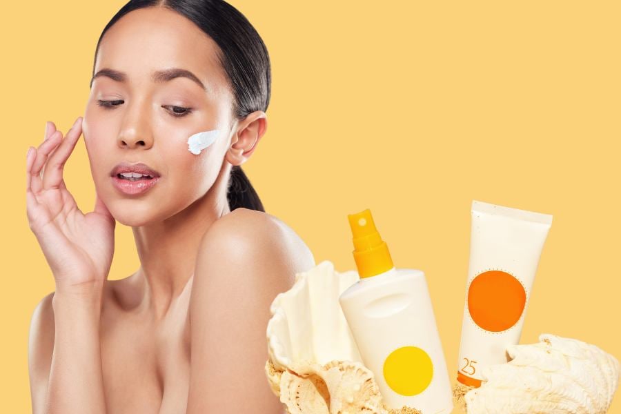 Người đang thoa kem dưỡng da lên má, bên cạnh là các sản phẩm chăm sóc da trên nền màu vàng.