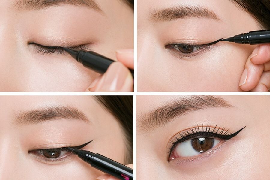 Hướng dẫn vẽ eyeliner với bút kẻ mắt, từng bước từ khi bắt đầu đến khi hoàn thiện đường kẻ.
