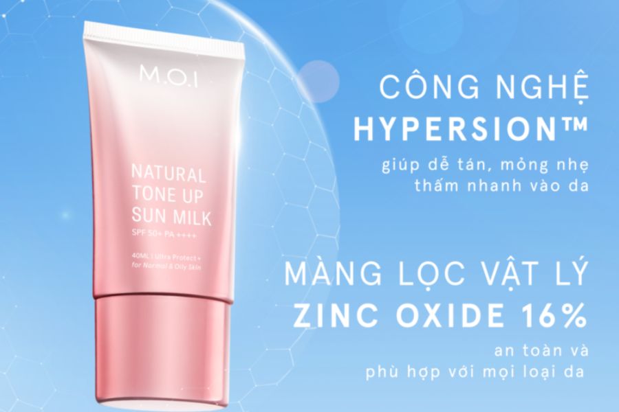Hình ảnh một tuýp kem chống nắng với công nghệ Hypersion và màng lọc vật lý Zinc Oxide 16% trên nền xanh.