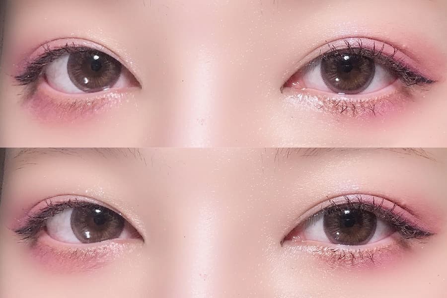 Cận cảnh đôi mắt với trang điểm mắt tông hồng nhạt, gồm phấn mắt và kẻ mắt mảnh.
