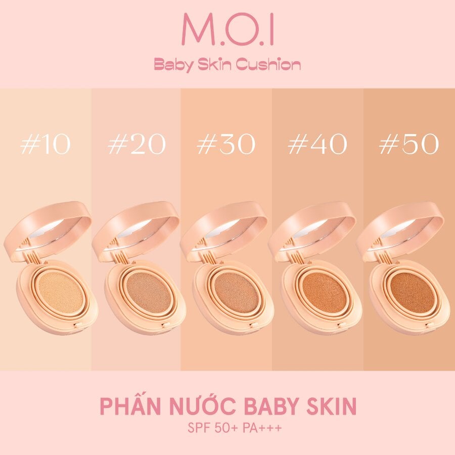Hình ảnh năm hộp phấn nước với các tông màu khác nhau, ghi chú số từ 10 đến 50, có SPF 50+ PA+++.