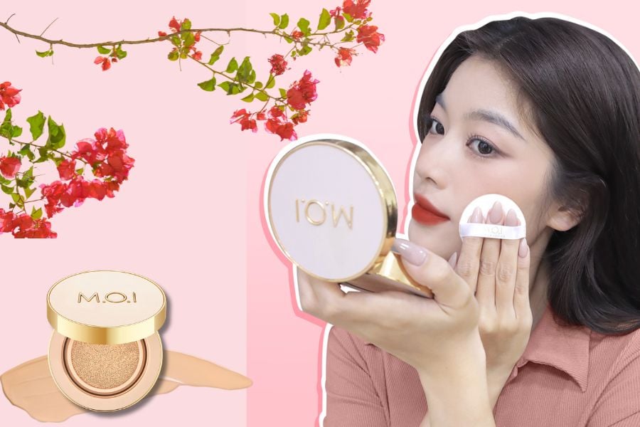 Người phụ nữ trang điểm với phấn nước, nền hoa đỏ và hồng, sản phẩm trang điểm M.O.I.