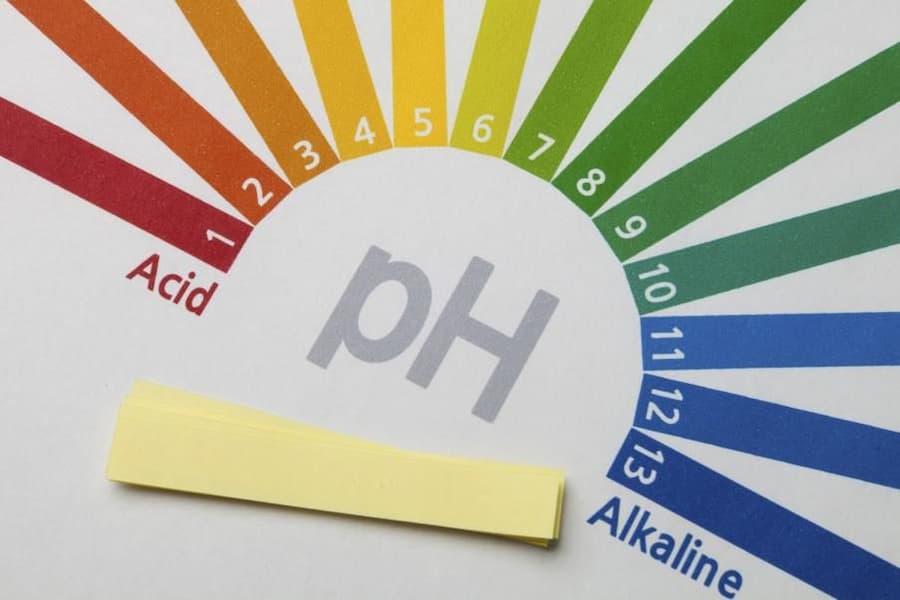 Thang đo pH với dải màu từ acid đến kiềm, kèm giấy quỳ vàng phía trước.