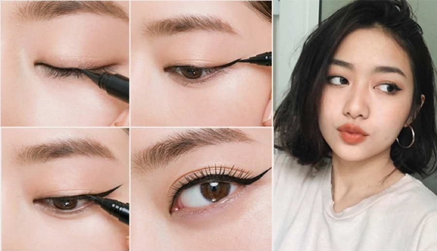 Hướng dẫn kẻ mắt nước với bốn bước, kèm ảnh một người có kiểu tóc ngắn và trang điểm nhẹ nhàng.
