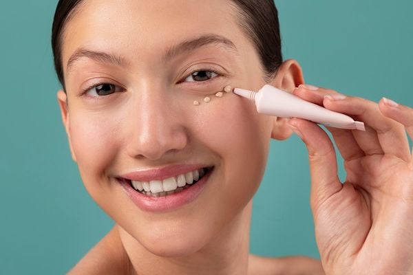 Người cầm tuýp kem và thoa kem dưới mắt, nền xanh.
