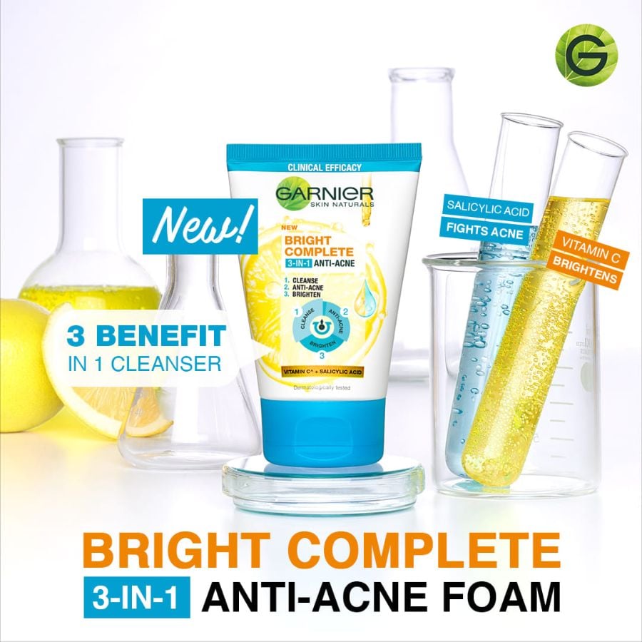 Loại 1: Garnier 3 trong 1 trị mụn & trắng da Bright Complete Anti-Acne Foam