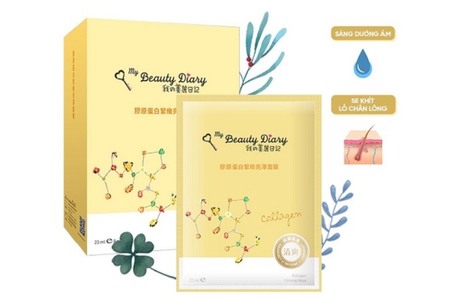 Hộp và gói mặt nạ dưỡng da màu vàng với họa tiết phân tử và thông tin dưỡng ẩm, se khít lỗ chân lông.