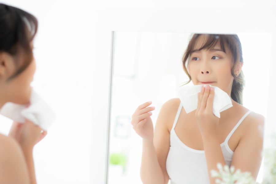 Người phụ nữ dùng khăn giấy lau miệng trước gương, mặc áo trắng, trong không gian sáng.