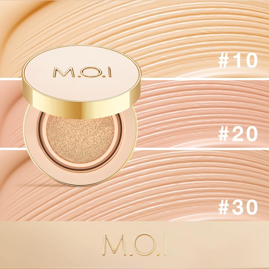 Hộp phấn nền với ba tông màu khác nhau, được đánh số #10, #20, #30, và tên thương hiệu M.O.I.