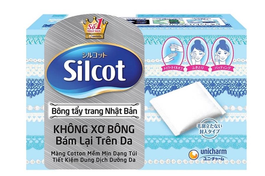 Hộp bông tẩy trang Silcot Nhật Bản, thiết kế xanh dương, có hình minh họa cách sử dụng và thông tin sản phẩm.