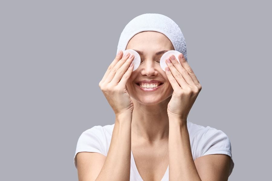 Người phụ nữ cười, dùng bông tẩy trang che mắt, đội khăn tắm trắng, mặc áo trắng, nền xám.
