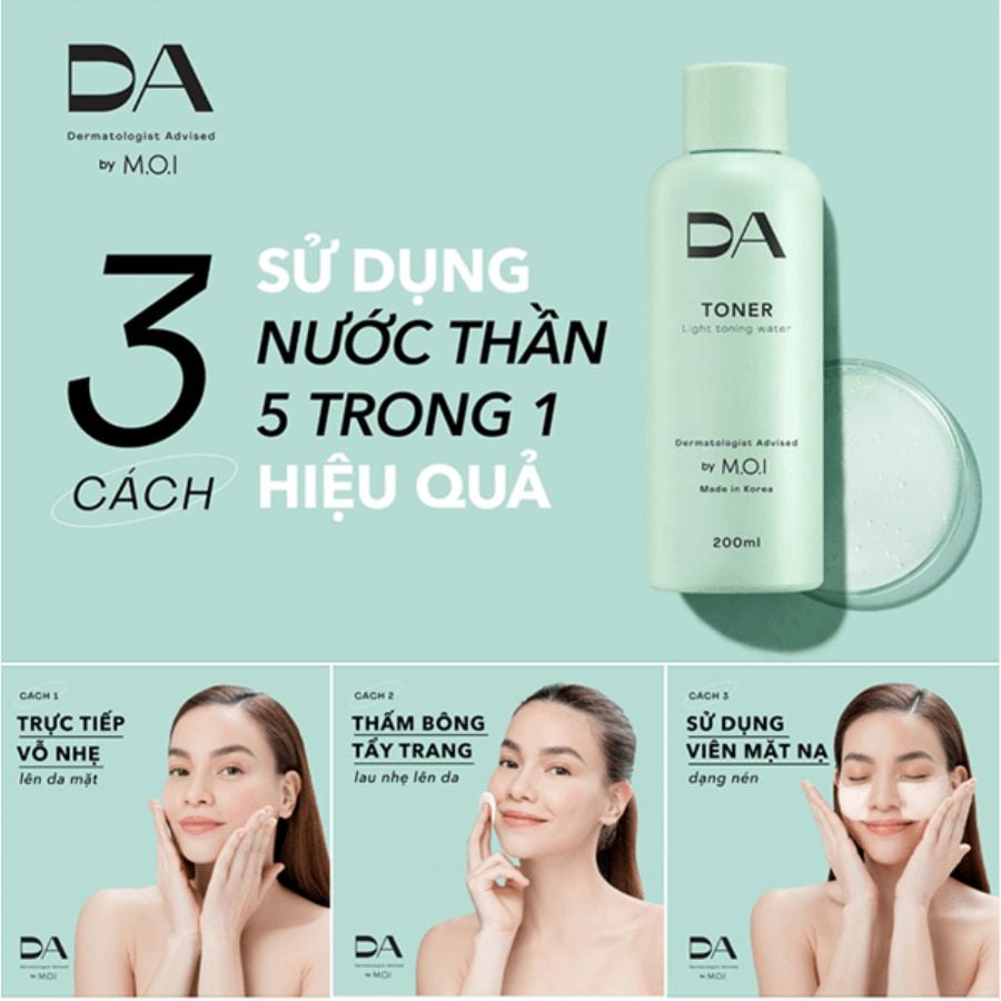 Hình ảnh quảng cáo nước toner với ba cách sử dụng, kèm hình ảnh sản phẩm và người mẫu minh họa.