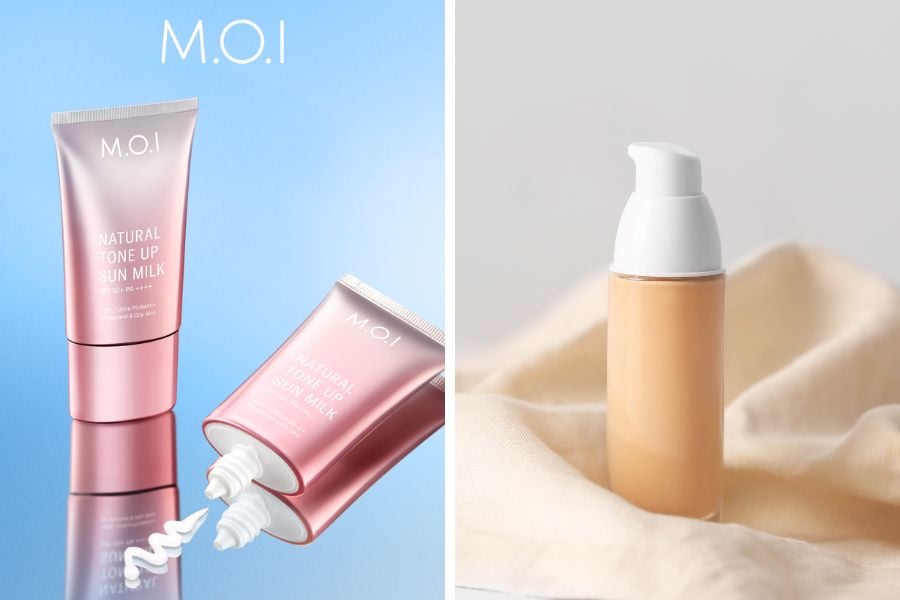 Hai tuýp kem dưỡng da và một chai có vòi bơm trên nền vải màu trung tính.