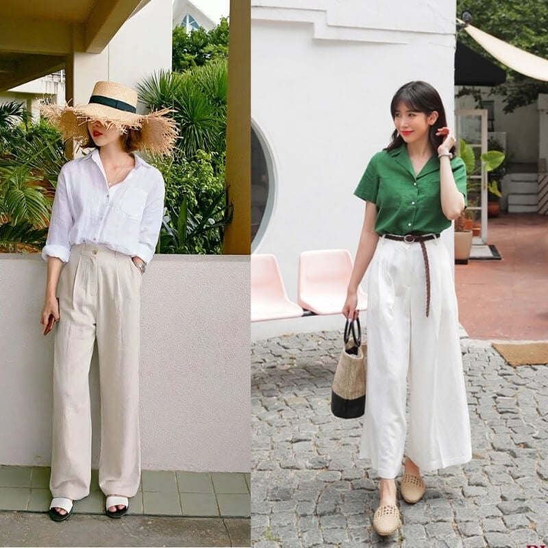 Áo sơ mi phối quần đũi ống rộng