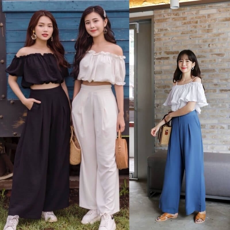 Áo trễ vai phối quần đũi ống rộng