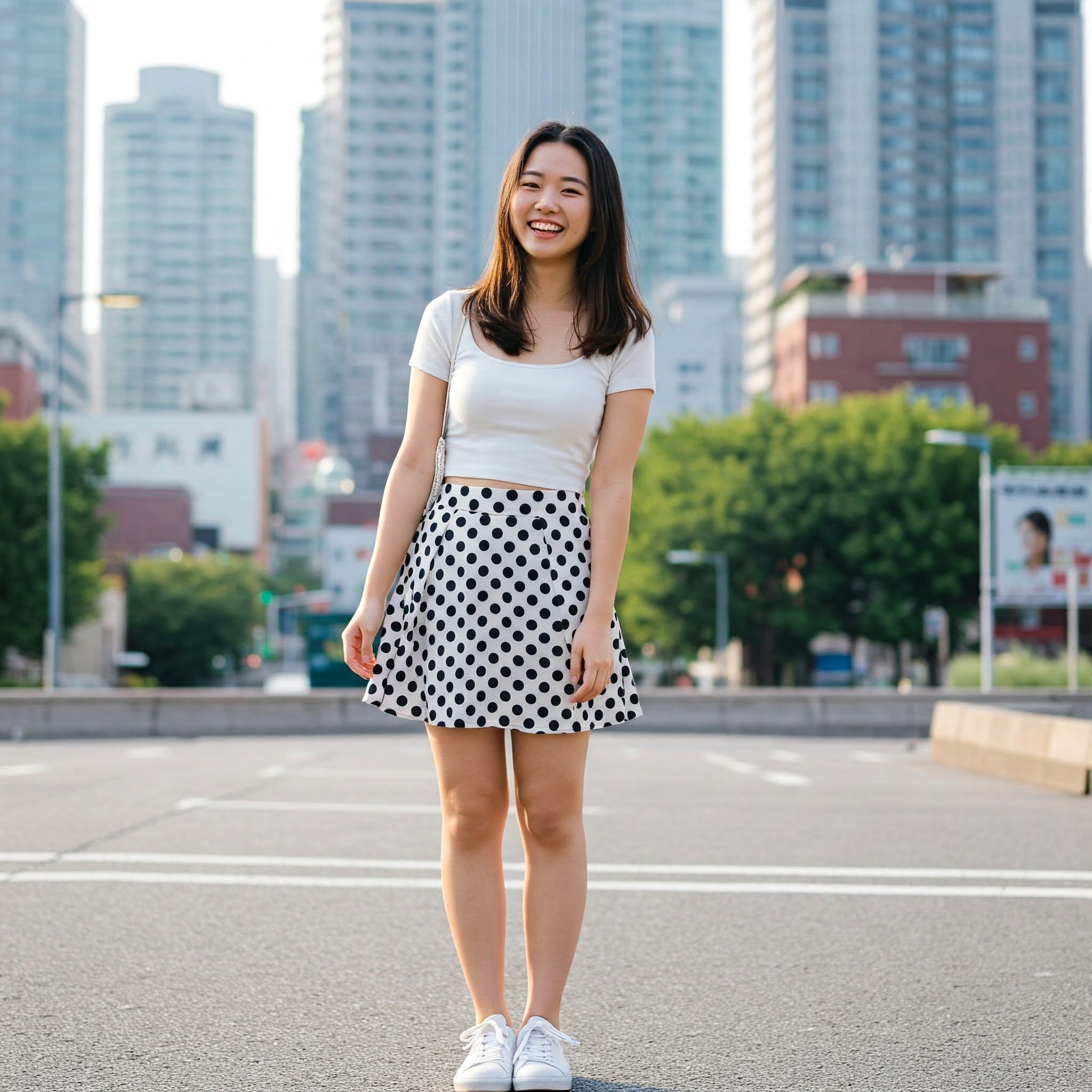 Chân váy chấm bi đen trắng + Áo croptop