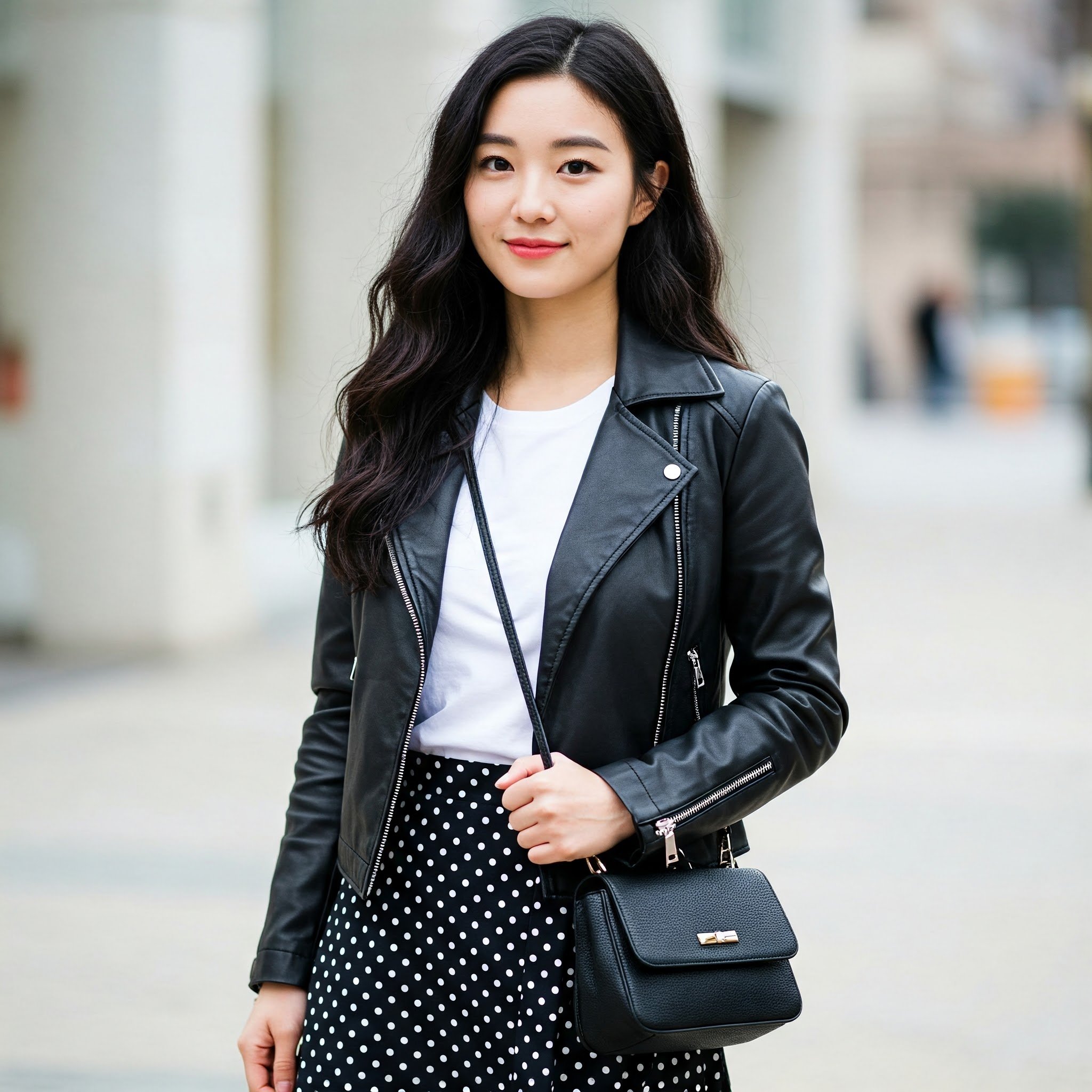 Chân váy chấm bi đen trắng + Áo khoác da