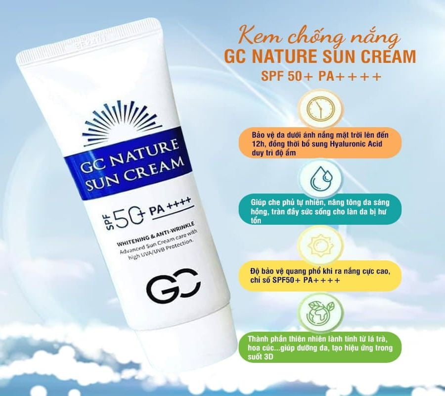 kem-chong-nang-gc-2_764f246fff874b3295ece75d97afb3c7 Kem chống nắng GC Nature Sun Cream bảo vệ da toàn diện và tích hợp nhiều lợi ích chăm sóc da.