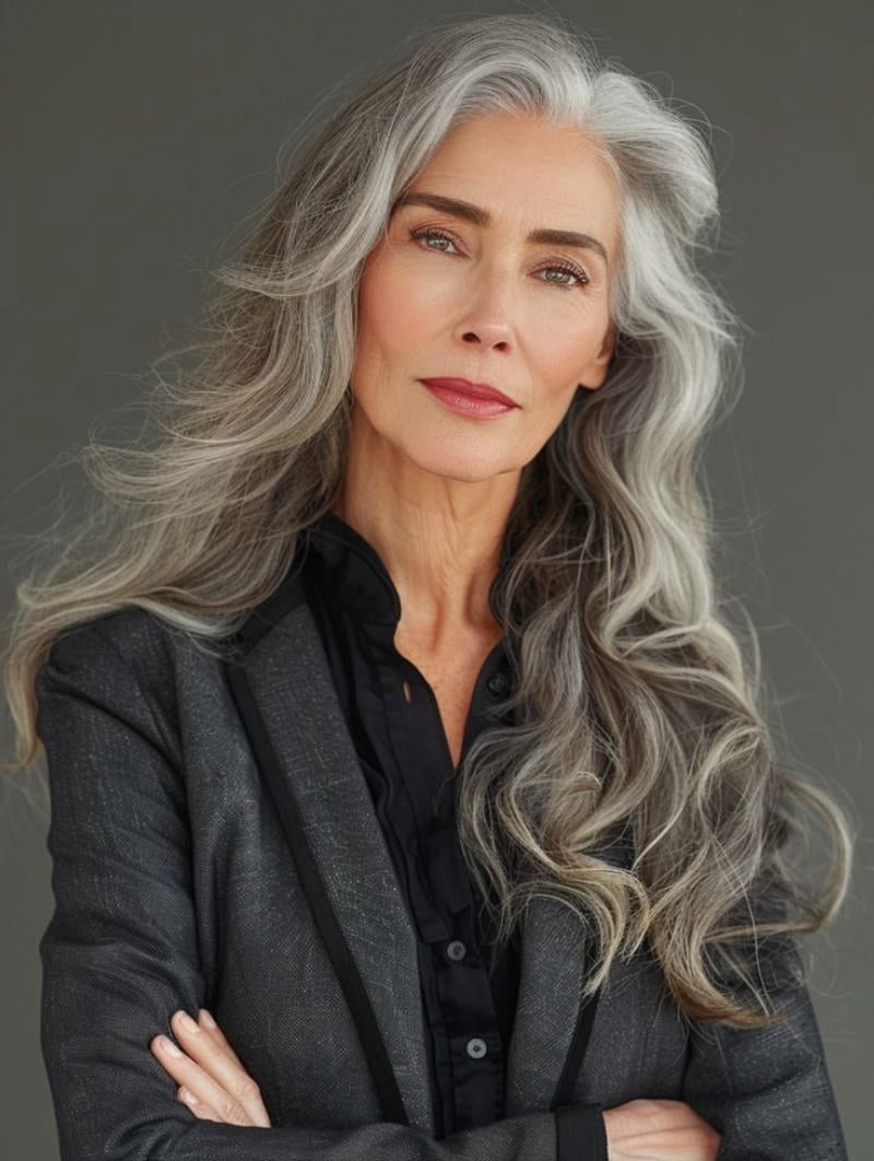 Tóc dài uốn xoăn cho phụ nữ 70 tuổi