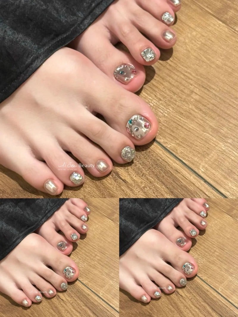 mẫu móng chân đẹp đính đá pha lê