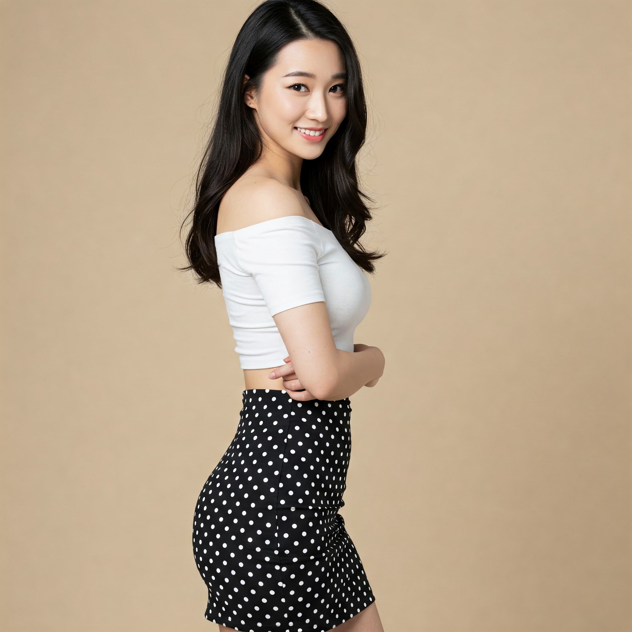 Chân váy chấm bi đen trắng + Áo trễ vai