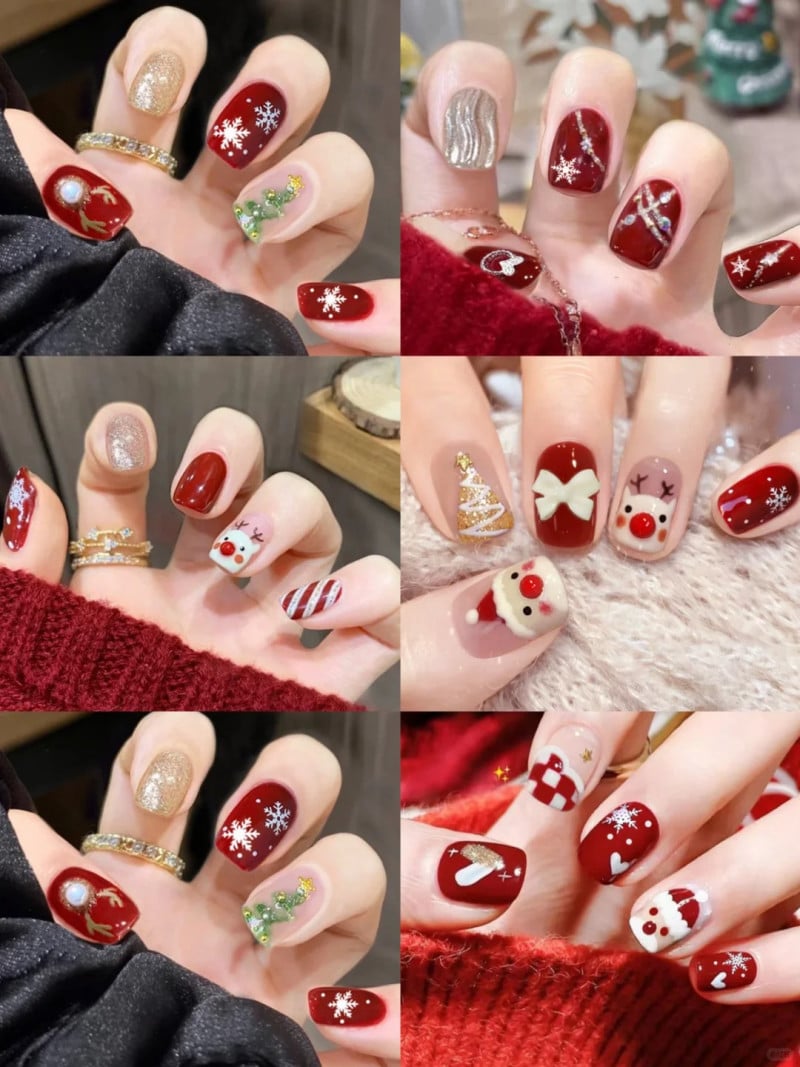 Mẫu nail đỏ đô phong cách Giáng Sinh nail đỏ đô phong cách Giáng Sinh