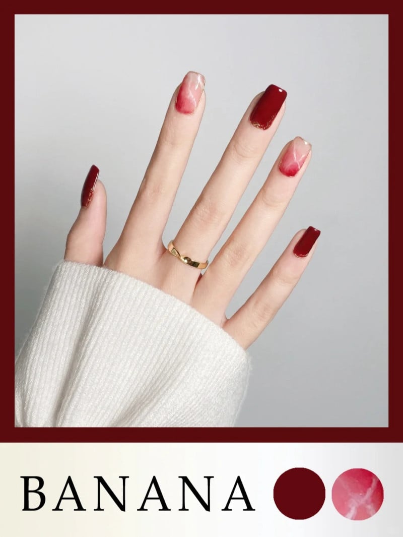 Nail màu đỏ đô họa tiết vân đá nail màu đỏ đô họa tiết vân đá