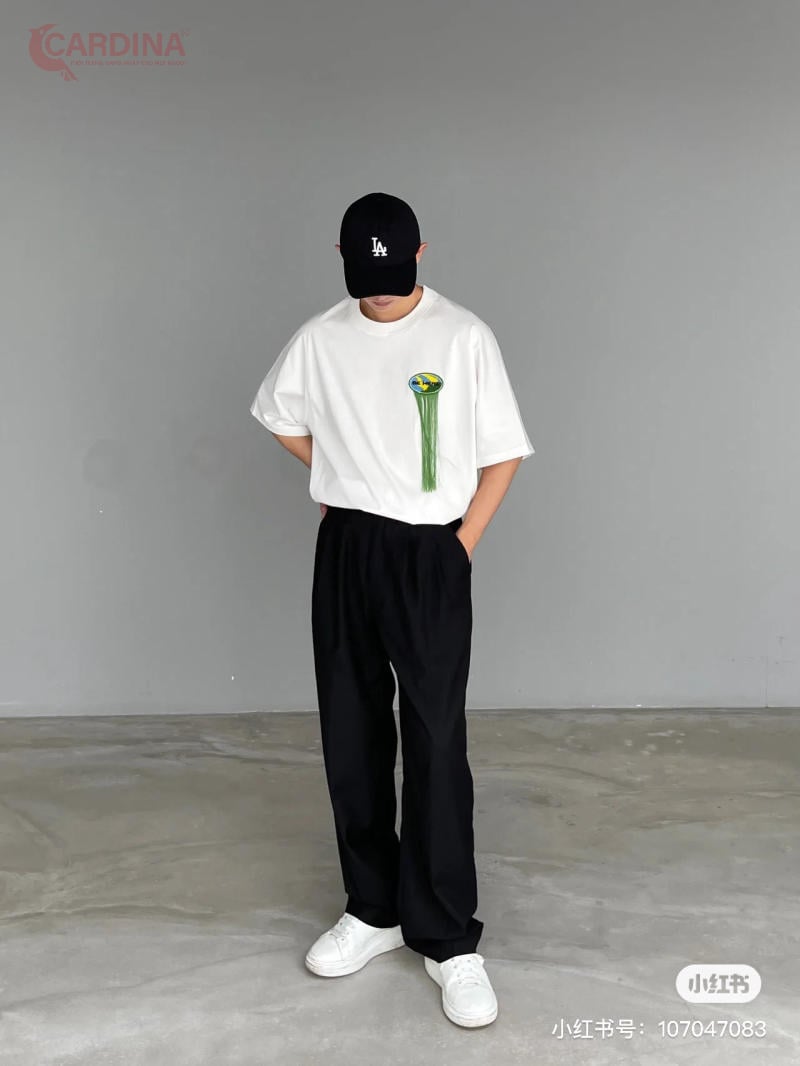 Quần tây ống rộng nam mix áo phông