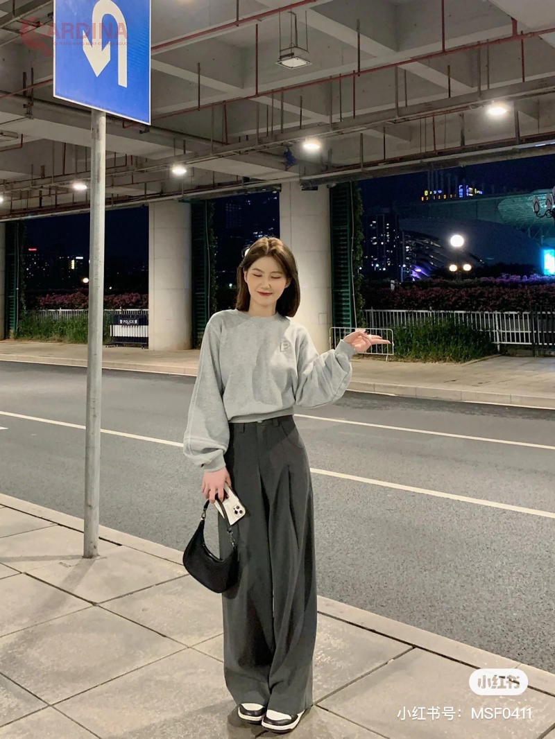 Quần tây nữ ống rộng lưng cao mix áo sweater