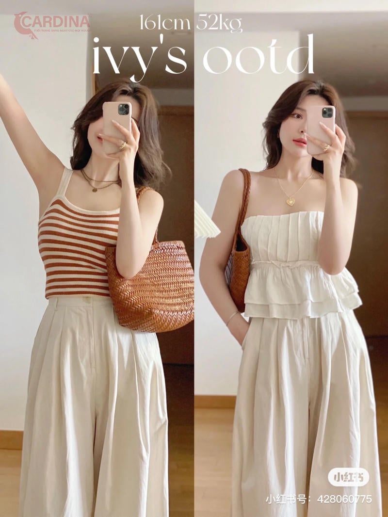 Phối màu nữ tính với quần tây ống rộng