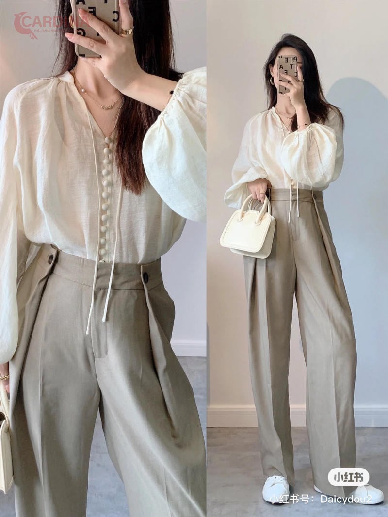 Quần tây ống rộng nữ phối với áo kiểu