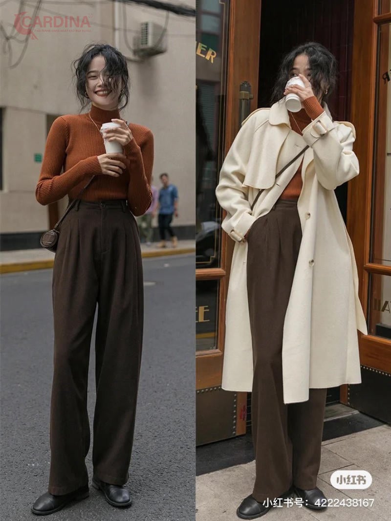 Quần tây ống rộng nữ phối với áo len