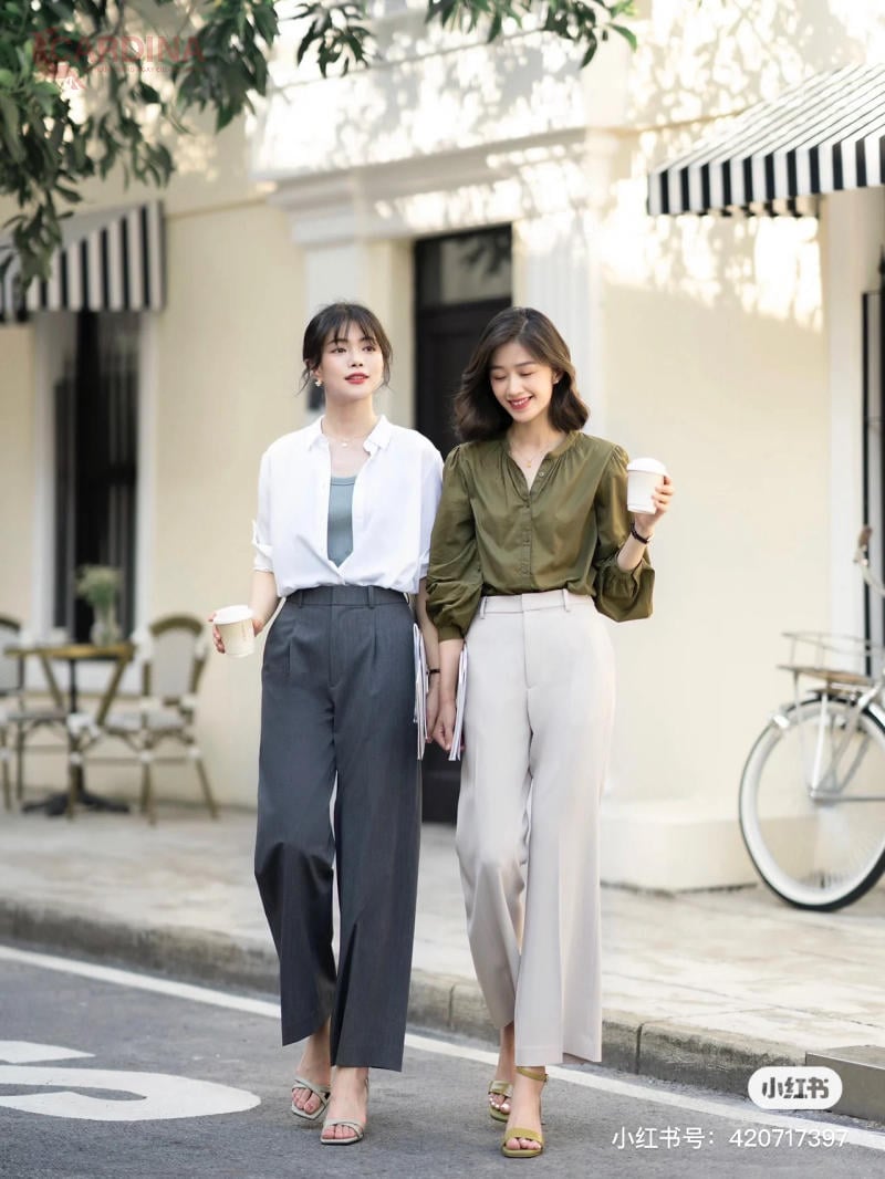 Quần tây ống rộng nữ mix áo sơ mi