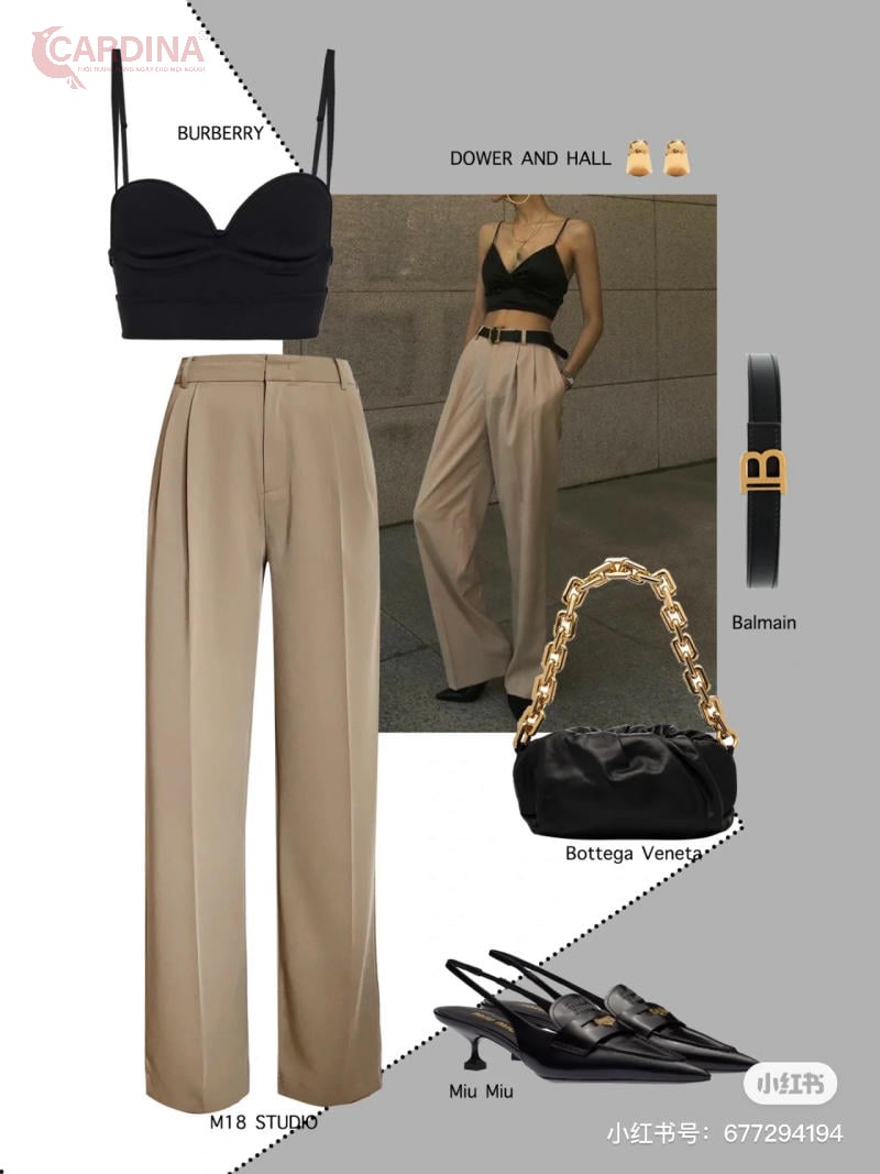 Quần tây đen ống rộng phối với áo hai dây