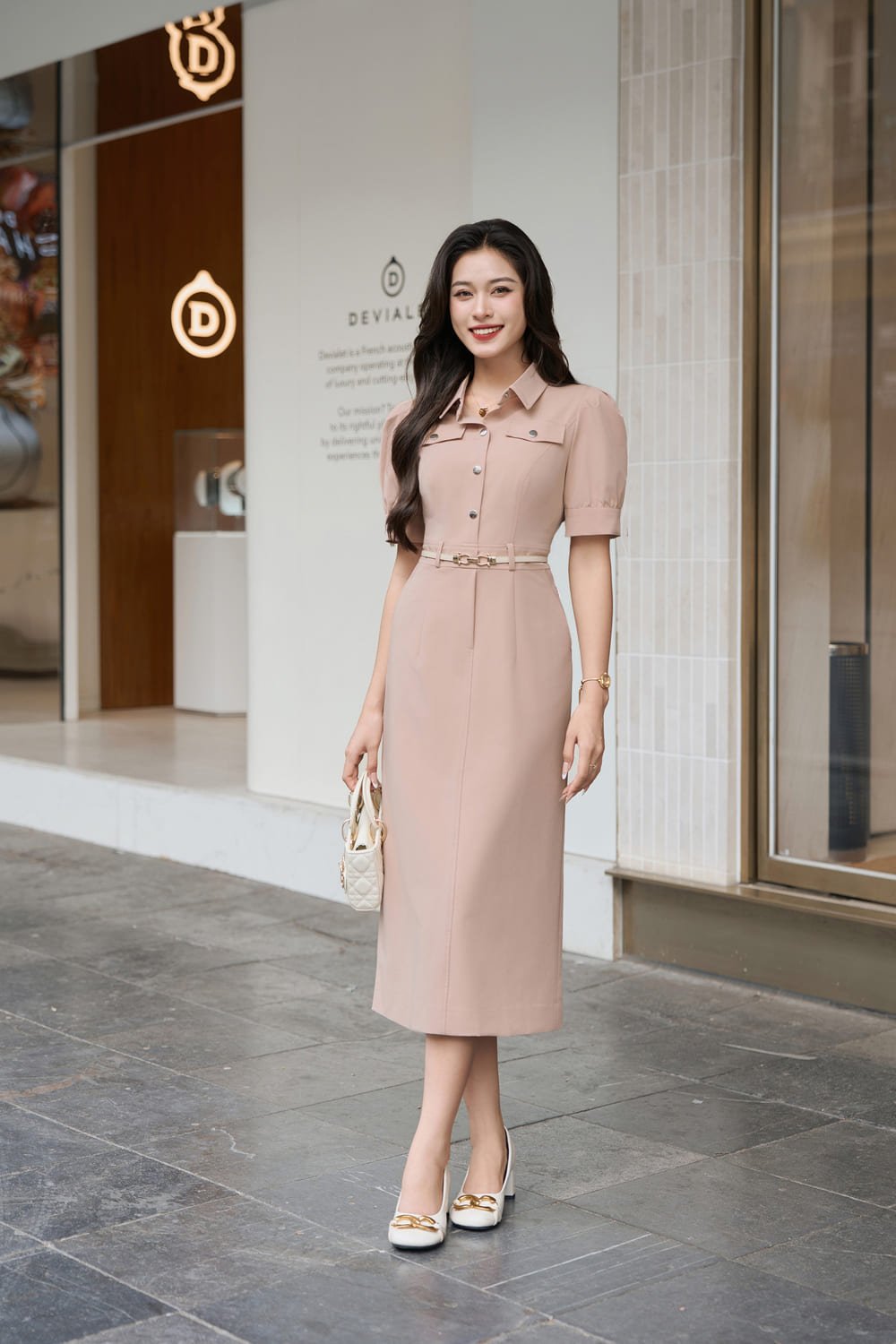 Đầm công sở nữ chất tuýtsi dáng đứng cổ đức tay lỡ