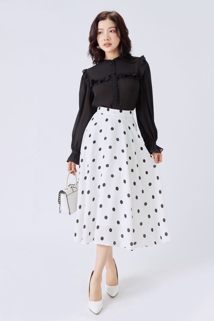 Chân váy chấm bi đen trắng + Áo blouse